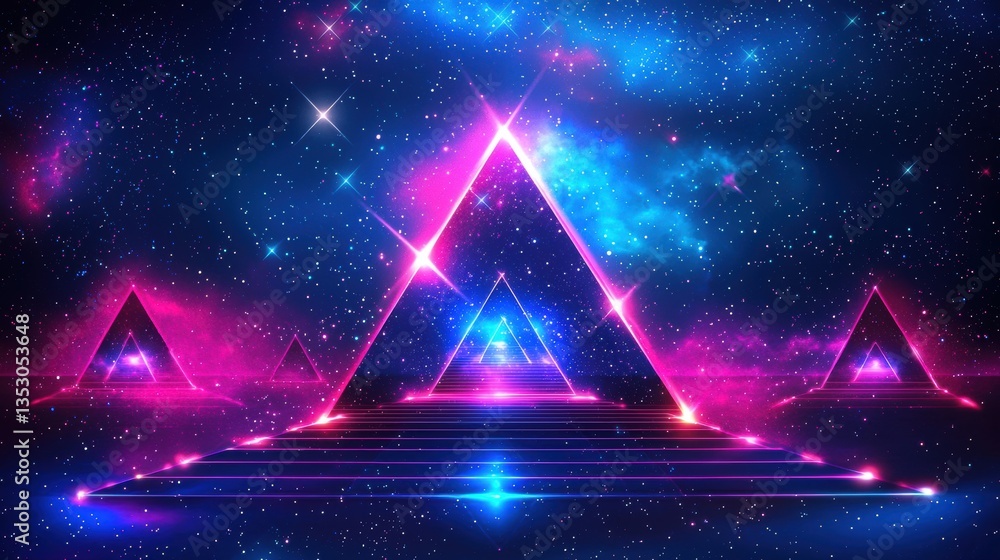 Aufkleber cosmic abstract neon background with a starry sky, featuring a triangular pyramid and stepped geomet