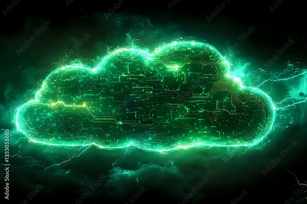 Poster glowing green cloud shape with digital circuit patterns and lightning effects on dark background, re