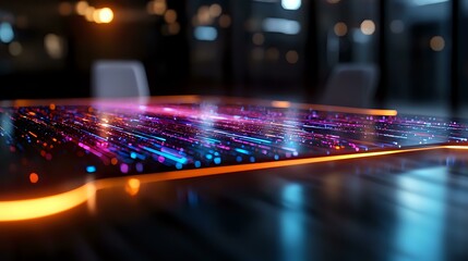 Glowing neon light trails with orange and blue streaks creating dynamic motion effect against dark background, abstract technology concept for digital transformation.