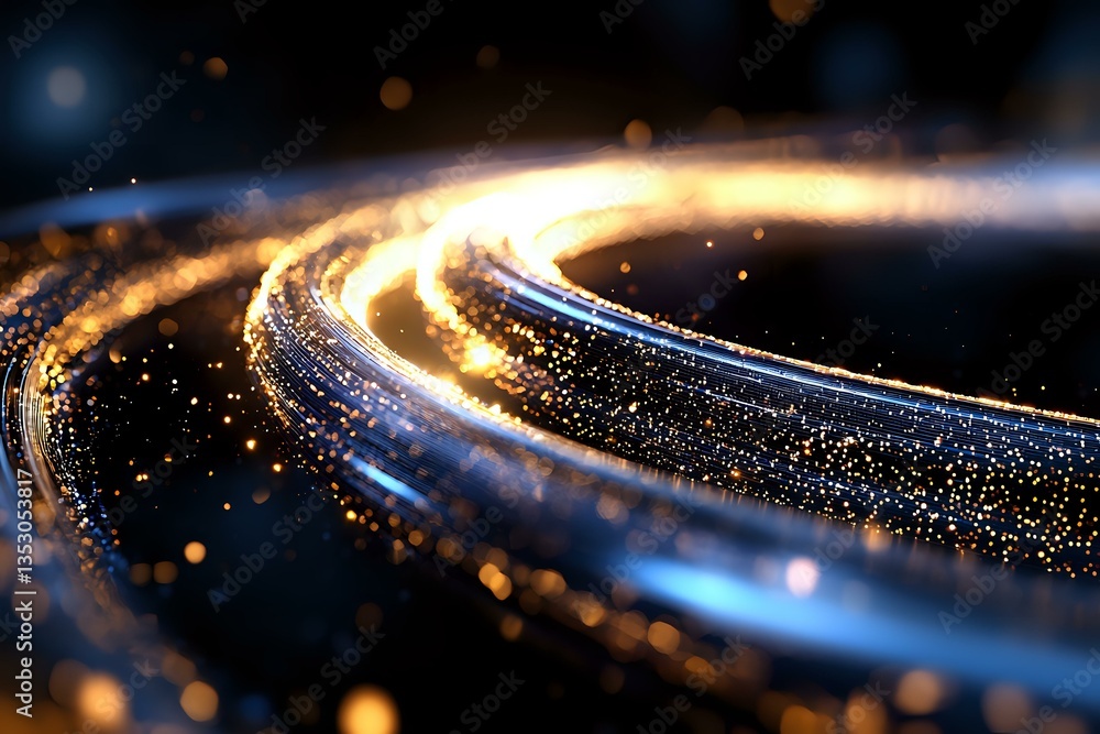 Poster glowing curved light trail with sparkling particles and bokeh effects against dark background create