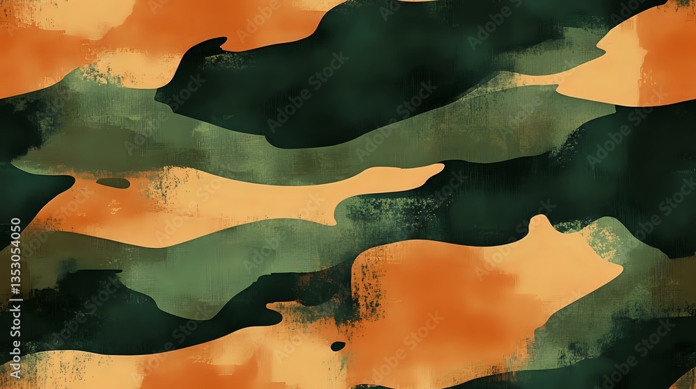 Poster abstract watercolor waves in dark green and orange create dynamic flowing pattern with textured brus