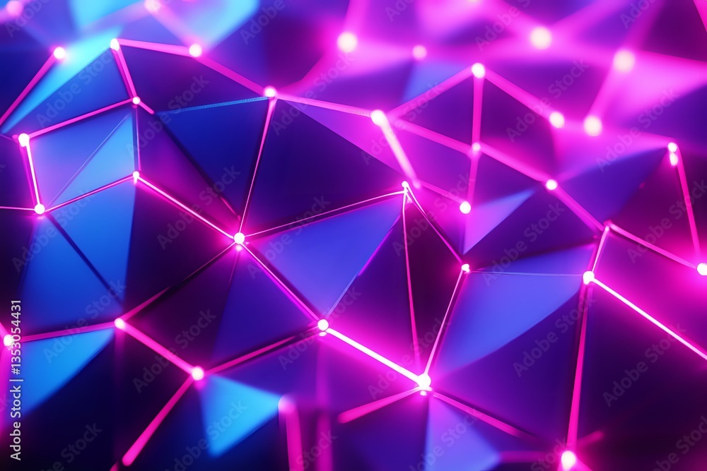 Poster glowing pink and blue geometric network with connected nodes forming abstract polygonal surface patt