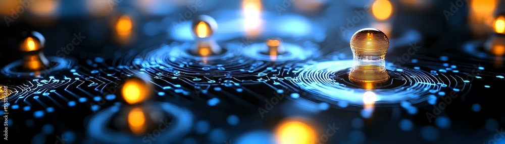 Poster water drops creating concentric ripple patterns on dark reflective surface with glowing golden bokeh