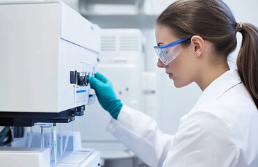 Woman in lab coat and safety glasses operating scientific equipment in a laboratory setting carefully