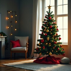 A Christmas tree decorated with ornaments and lights in a cozy room, christmas tree, lights