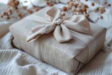 simple Eid gift box wrapped in neutral fabric with ribbon,