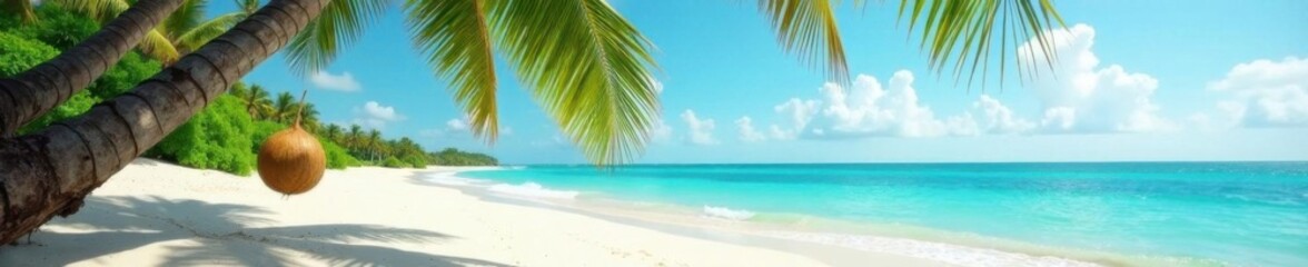 A lone coconut falls from a swaying palm tree onto a tranquil sandy beach with calm turquoise waters ,  palm fronds,  blue ocean