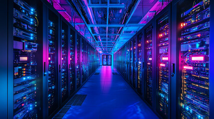 Fototapeta premium Colorful server room with glowing lights in a data center
