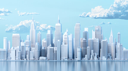 Obraz premium Modern city skyline reflected on calm water under clear sky.