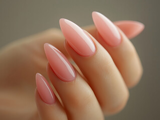 Close-up of elegant almond-shaped nails with glossy pink finish. Modern manicure with pointed tips for feminine beauty. Stylish nail art with natural gradient effect.