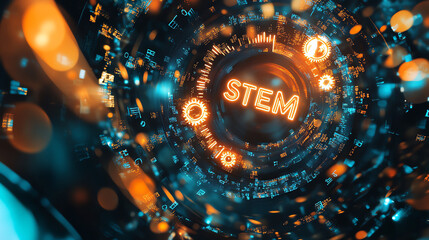 Futuristic digital vortex with STEM concept and glowing elements.