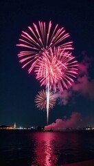 Aerial view of fireworks bursting into colorful lights across a dark sky, aerial shot, colors