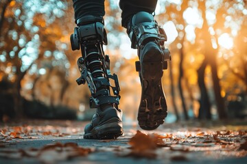 Futuristic Exoskeleton Technology Enhancing Human Mobility in an Autumn Park Setting