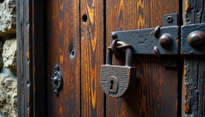 Fototapeta premium Ancient wooden door with heavy iron hinges and rusty lock, distressed, rusty lock