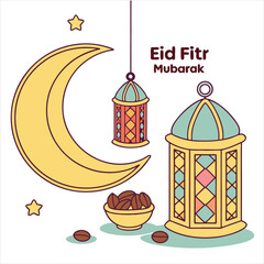 Illustration celebrating Eid al-Fitr with colorful lanterns, crescent moon, stars, and traditional dates in a bowl, evoking joy and festivity of the Muslim holiday.