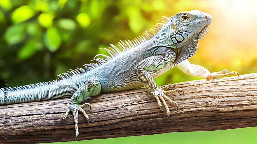 Aufkleber dynamic iguana climbing a tree branch in lush green environment showcasing its vibrant colors and un