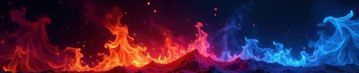 Fototapeta premium Blazing pyre with vibrant red and blue hues on black canvas, artwork, red