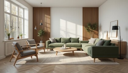 Fototapeta premium Modern living room with green sofa and wooden accents. 3D Rendering