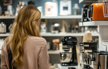 Woman looking at appliances on shelves in a store with mixers and toasters on display at a store