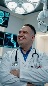 Retrato de un doctor con bata blanca y estetoscopio en una sala quir&uacute;rgica equipada con pantallas de resonancia y tecnolog&iacute;a avanzada.
