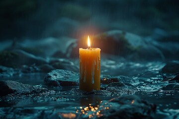 single glowing candle in deep darkness, dramatic lighting, symbolic Earth