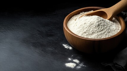 Wooden bowl filled with white flour, a wooden scoop