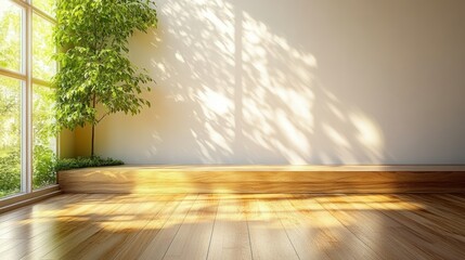 Fototapeta premium Bright, sunlit room with wooden accents and a potted plant. Sunlight streams through a large window