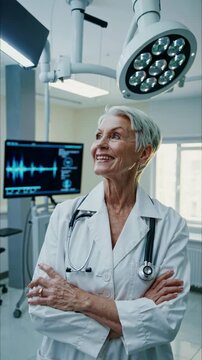 Retrato de una doctora de edad madura en una sala quir&uacute;rgica moderna, con bata blanca y estetoscopio, mirando con confianza.