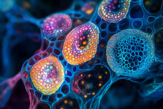 Colorful microscopic view of plant cells with intricate patterns.
