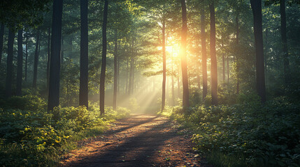 Fototapeta premium Winding forest path illuminated by sunrise, showcasing nature's beauty and tranquility Generative AI