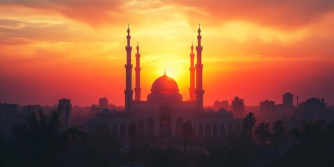Great mosque of gaza glowing during an orange sunset