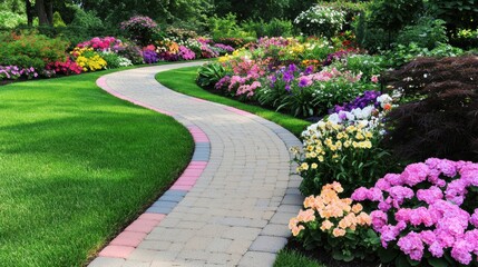 Obraz premium Serene Garden Pathway Winding Stone Path Through Colorful Flowers & Lush Green Lawn.