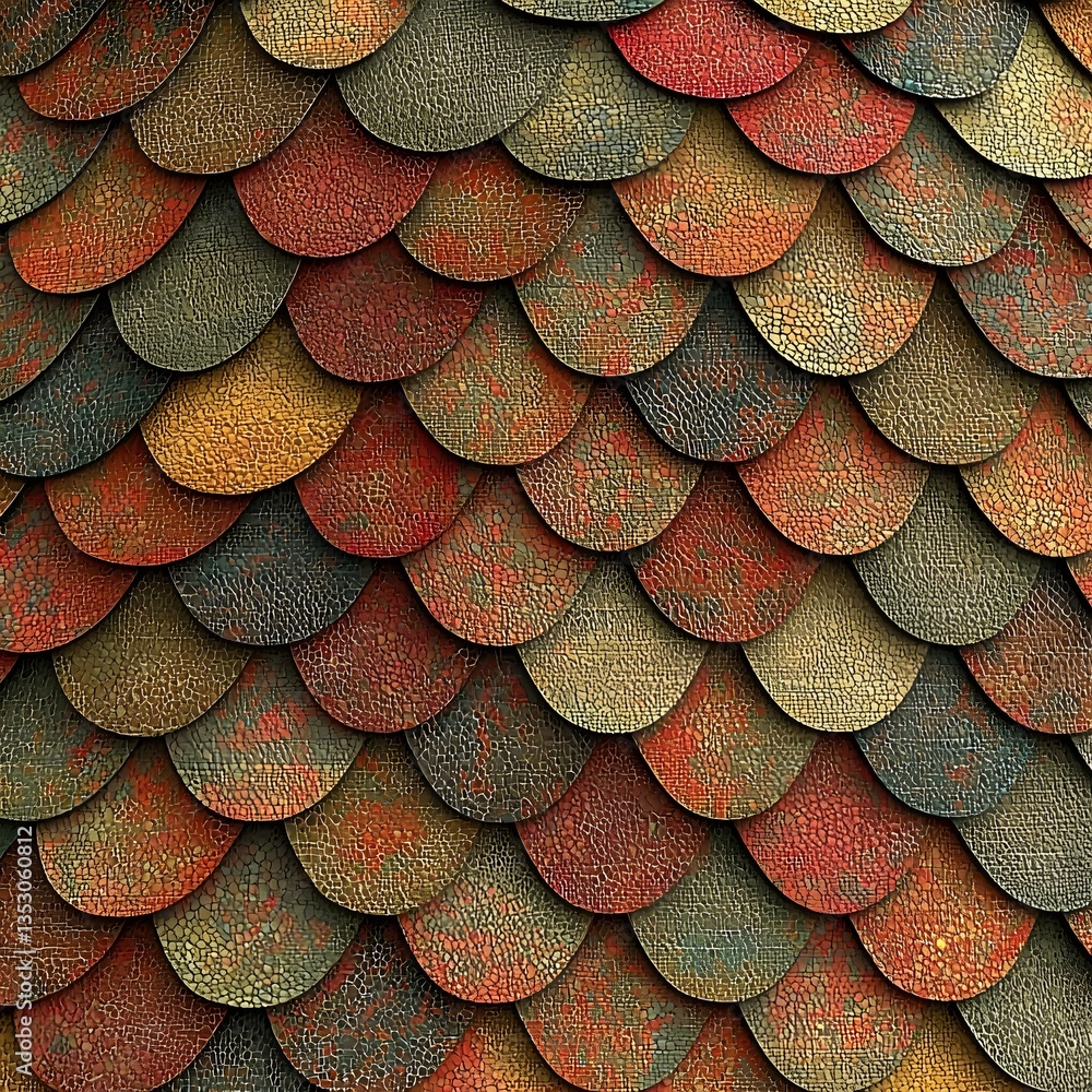 Poster a vibrant roof showcasing an array of different colors in an abstract fish scale pattern on textured