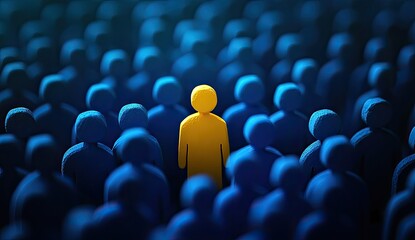 A single, bright yellow figure amidst a crowd of blue figures