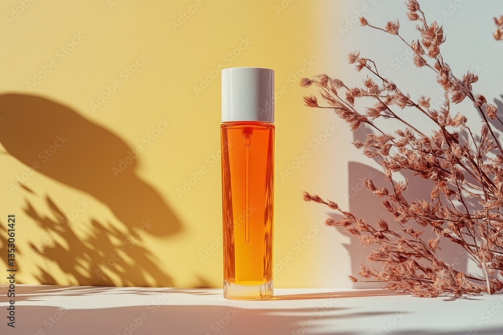 Poster creative arrangement of a perfume bottle with lavender flowers and soft shadows in a minimalist sett