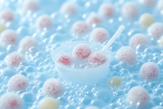 Red frosted spheres rest in a bowl amongst blue bubbles - Powered by Adobe