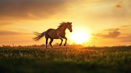 horse running on the grassland in a bright sunny day, green grass