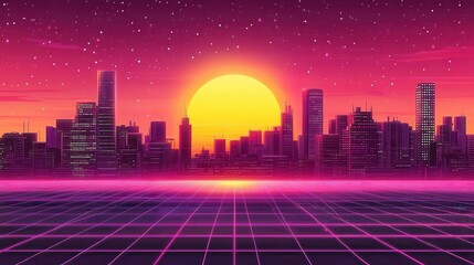Retro Cityscape Sunset Synthwave 80s Vibe.
