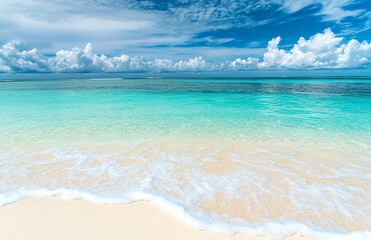 Obraz premium A view of a tropical beach with white sand and turquoise water under a cloudy blue sky on a sunny day