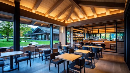Modern Cafe Interior with Wooden Beams, Tables & Chairs, Overlooking a Green Park. Natural Light & Architecture Design.