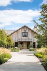 A delightful wooden farmhouse surrounded by a beautifully landscaped garden, bathed in sunlight, situated in a serene rural setting