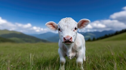 Obraz premium Adorable baby cow in a grassy meadow
