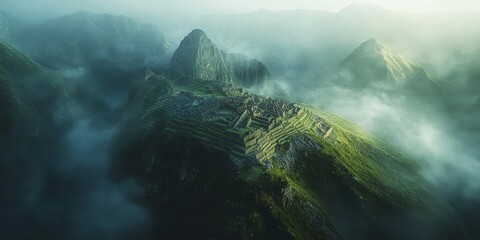 Machu picchu emerging from the mist at sunrise in the andes mountains