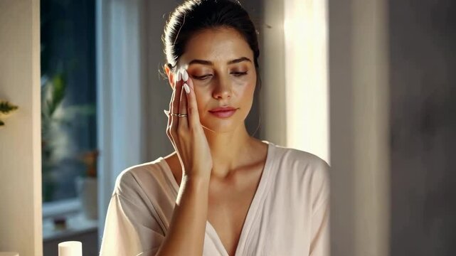 A woman applies skincare in a softly lit room, captured in a close-up angle. The video conveys a serene, intimate beauty routine moment.