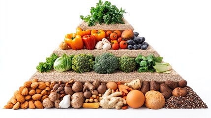 Healthy eating pyramid showcasing various food groups