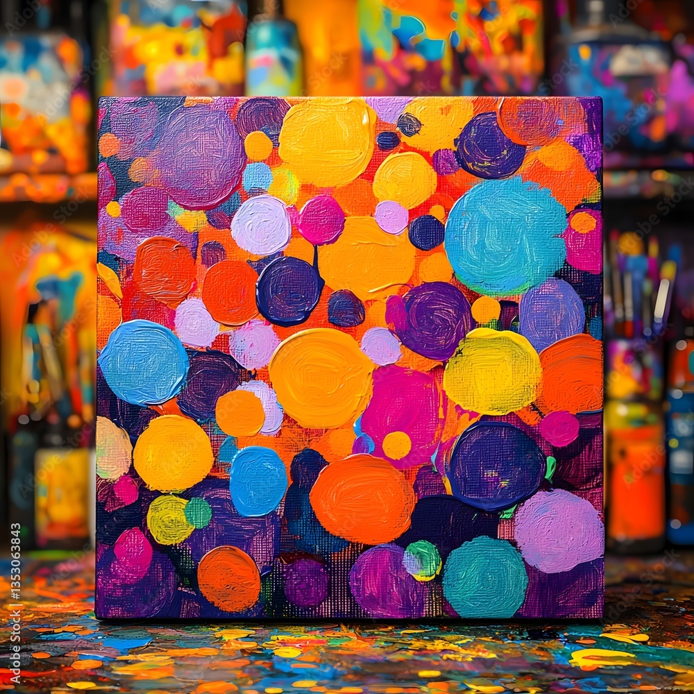 Poster a colorful painting on a table featuring an abstract polka dot design on canvas showcasing artistic 