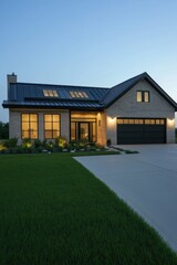 Obraz premium Modern brick house with stylish design illuminated at dusk in a suburban neighborhood showcasing contemporary architecture and landscaping