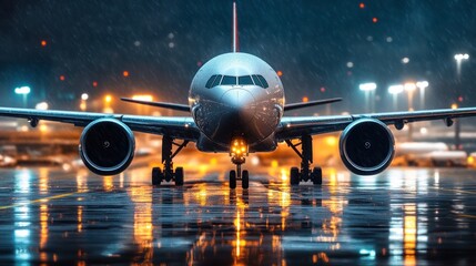 Fototapeta premium Modern jetliner on wet tarmac at night