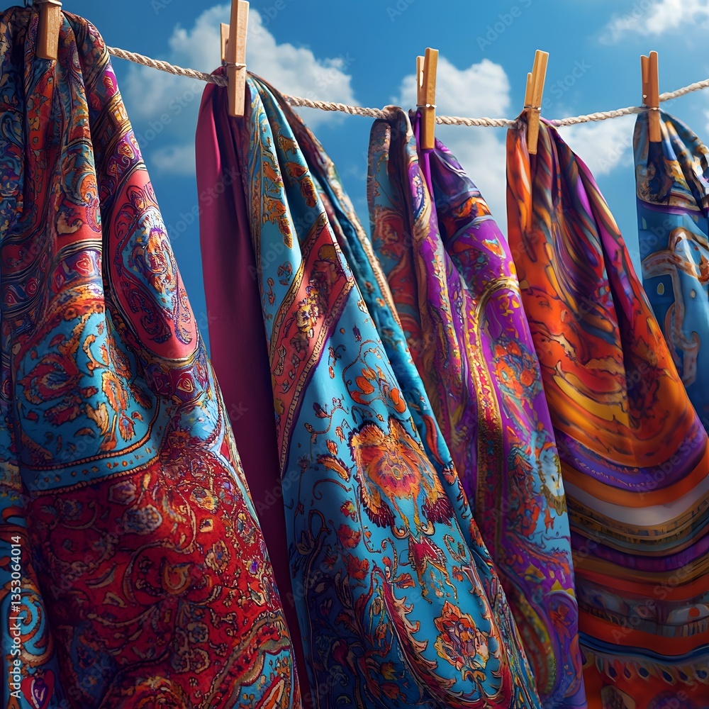 Aufkleber colorful towels hanging on a clothesline creating a beautiful bohemian aesthetic with vibrant patter