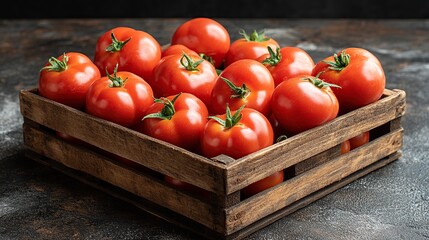 Fresh tomatoes in a wooden crate